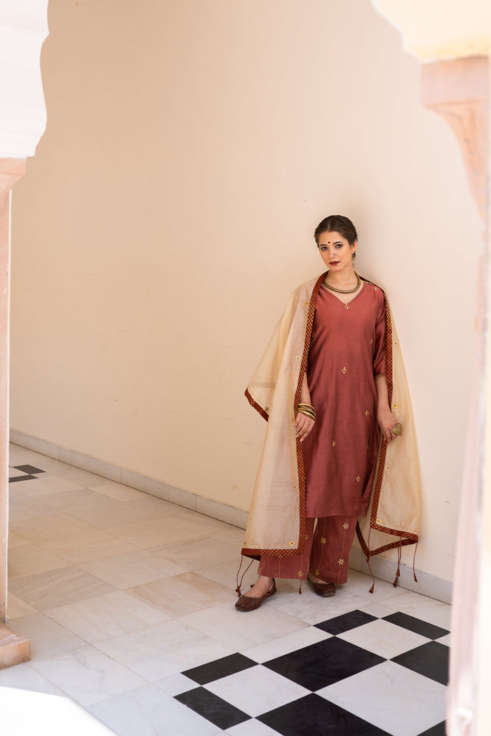 <img> Burgundy Cotton Silk Gota Patti Suit Set