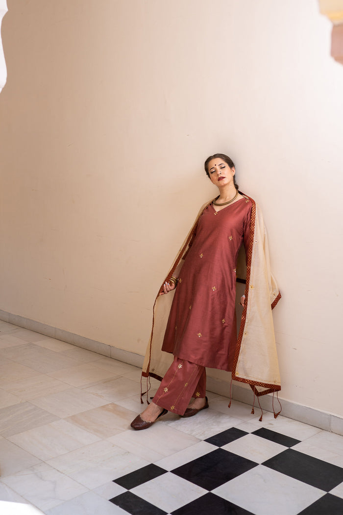 <img> Burgundy Cotton Silk Gota Patti Suit Set