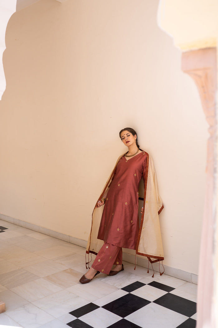<img> Burgundy Cotton Silk Gota Patti Suit Set