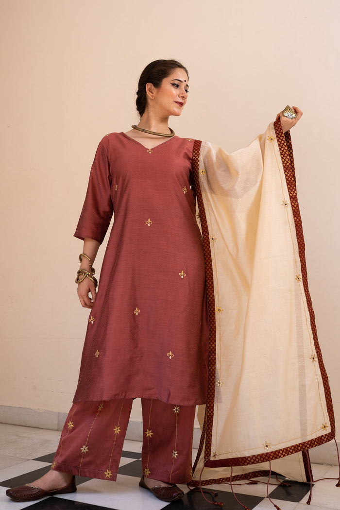 <img> Burgundy Cotton Silk Gota Patti Suit Set