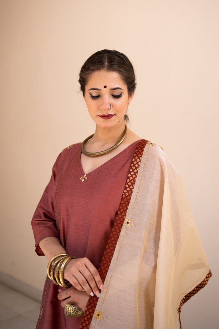 <img> Burgundy Cotton Silk Gota Patti Suit Set