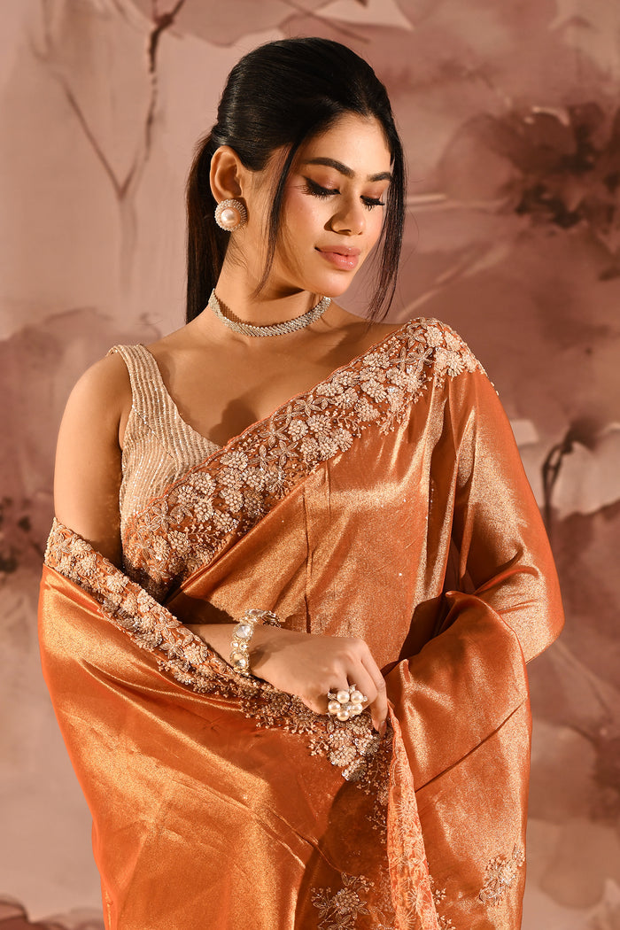 Burnt Amber Floral Embroidery Silk Blend Saree