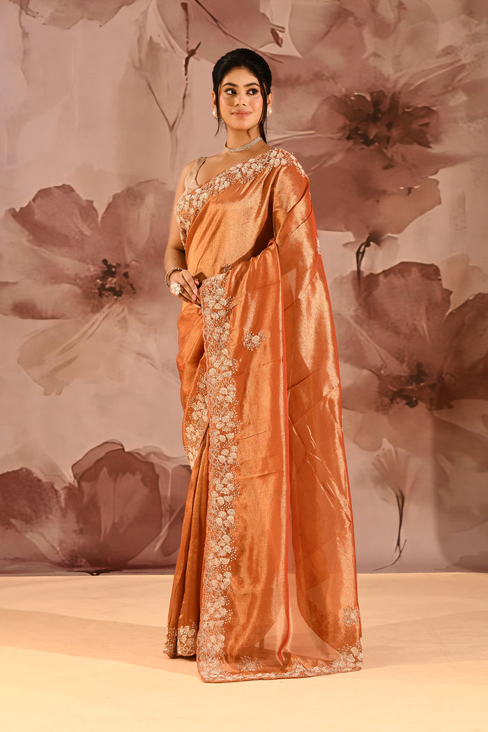 Burnt Amber Floral Embroidery Silk Blend Saree