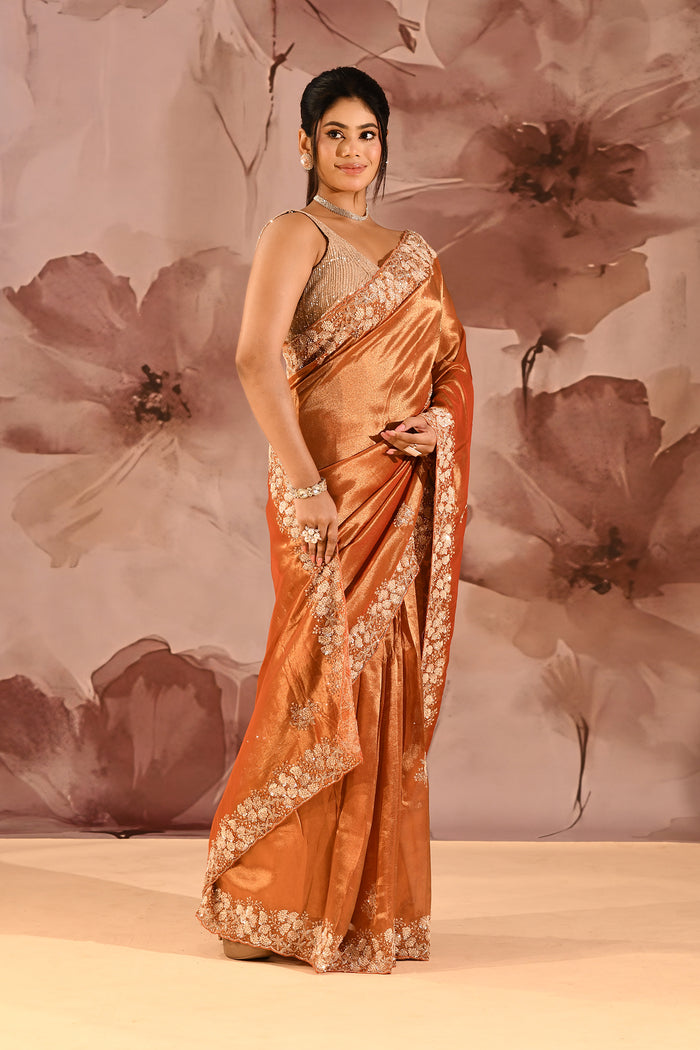 Burnt Amber Floral Embroidery Silk Blend Saree