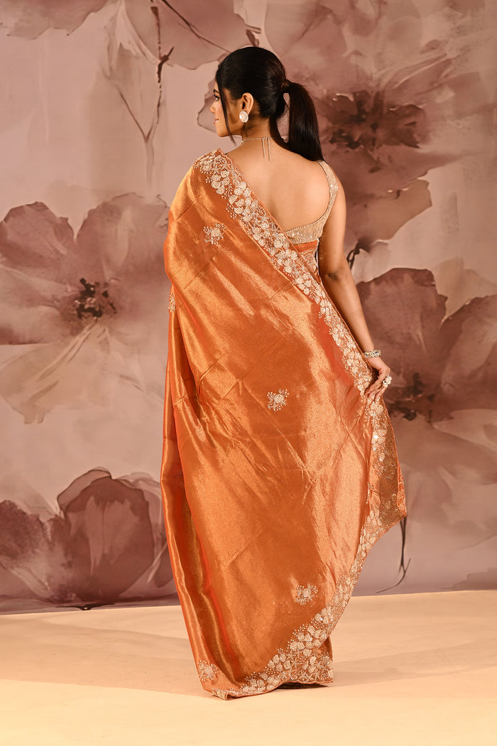 Burnt Amber Floral Embroidery Silk Blend Saree