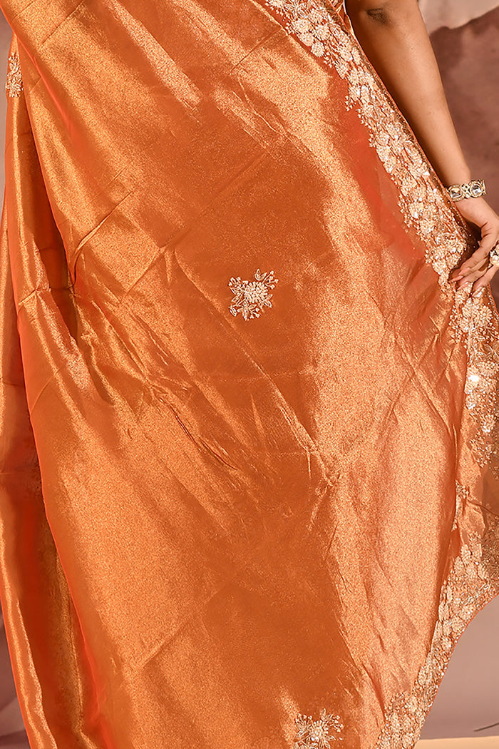 Burnt Amber Floral Embroidery Silk Blend Saree