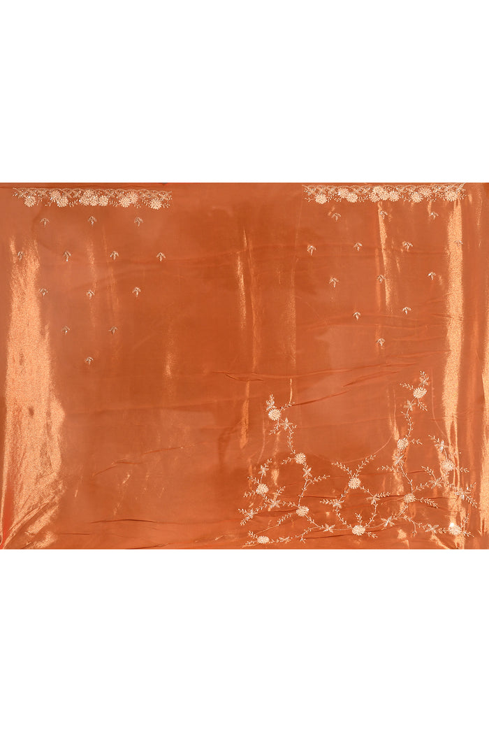 Burnt Amber Floral Embroidery Silk Blend Saree
