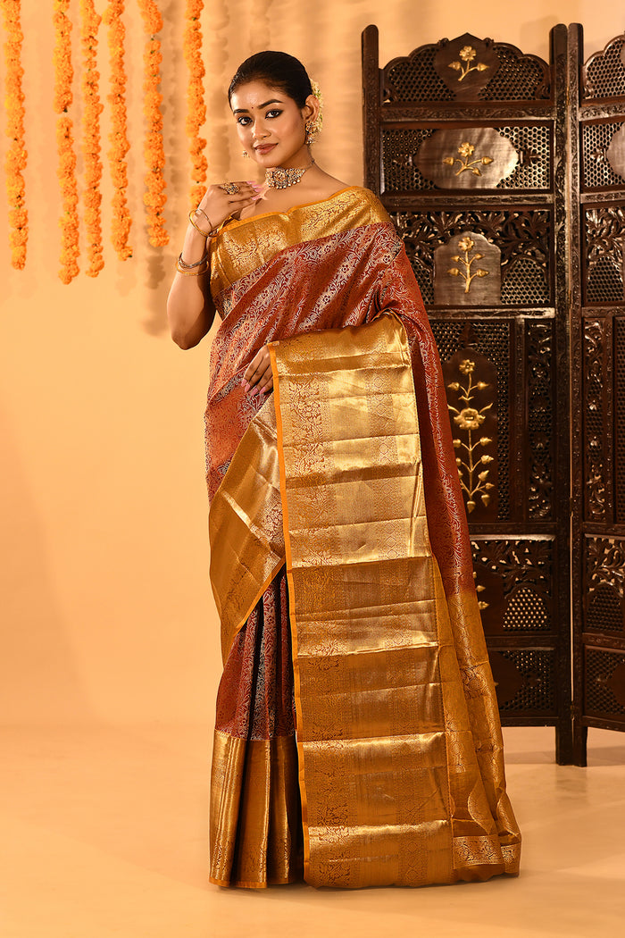 Burnt Orange With Extensive Gold Zari Woven Pallu Kanjivaram Silk Saree