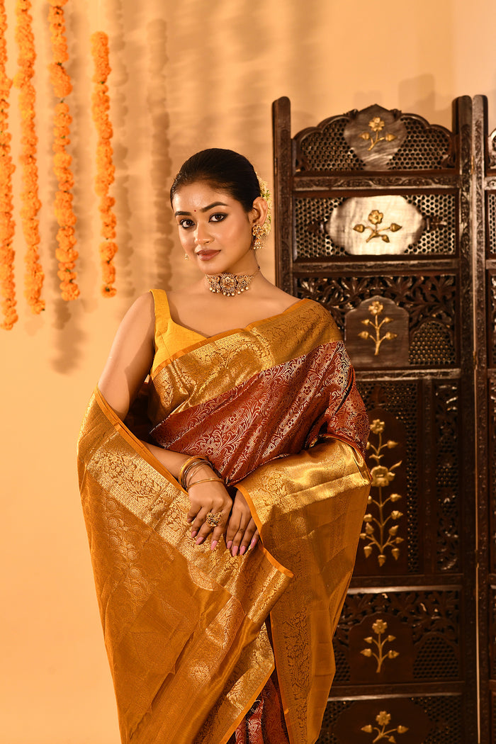 Burnt Orange With Extensive Gold Zari Woven Pallu Kanjivaram Silk Saree