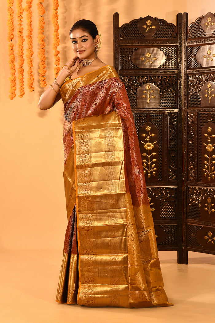 Burnt Orange With Extensive Gold Zari Woven Pallu Kanjivaram Silk Saree
