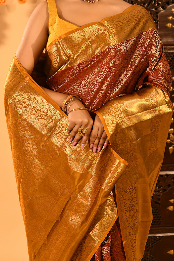 Burnt Orange With Extensive Gold Zari Woven Pallu Kanjivaram Silk Saree