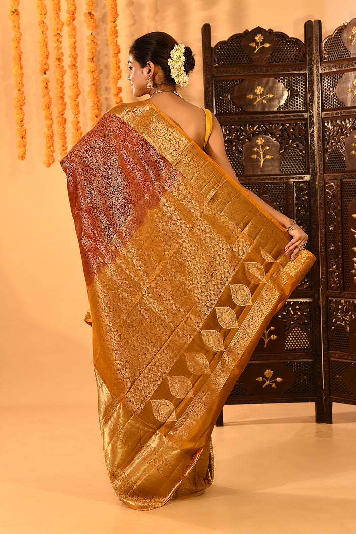 Burnt Orange With Extensive Gold Zari Woven Pallu Kanjivaram Silk Saree