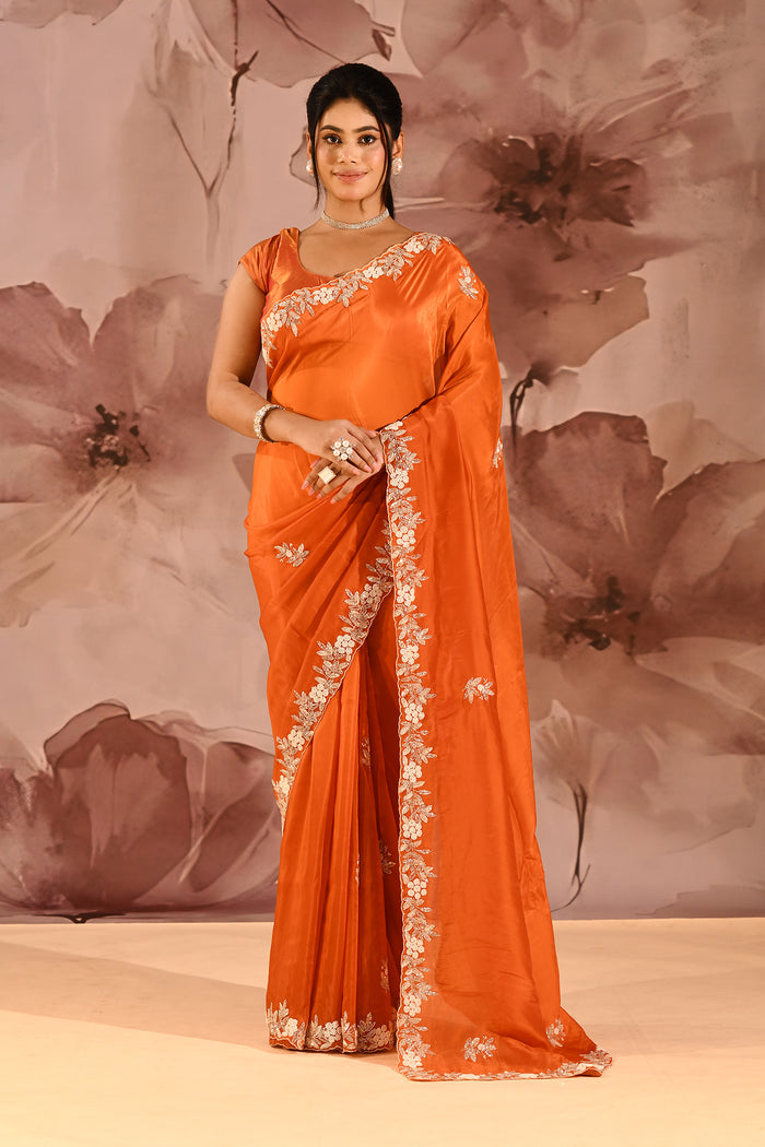 Burnt Orange With Sequin Floral Vine Border Organza Tissue Saree
