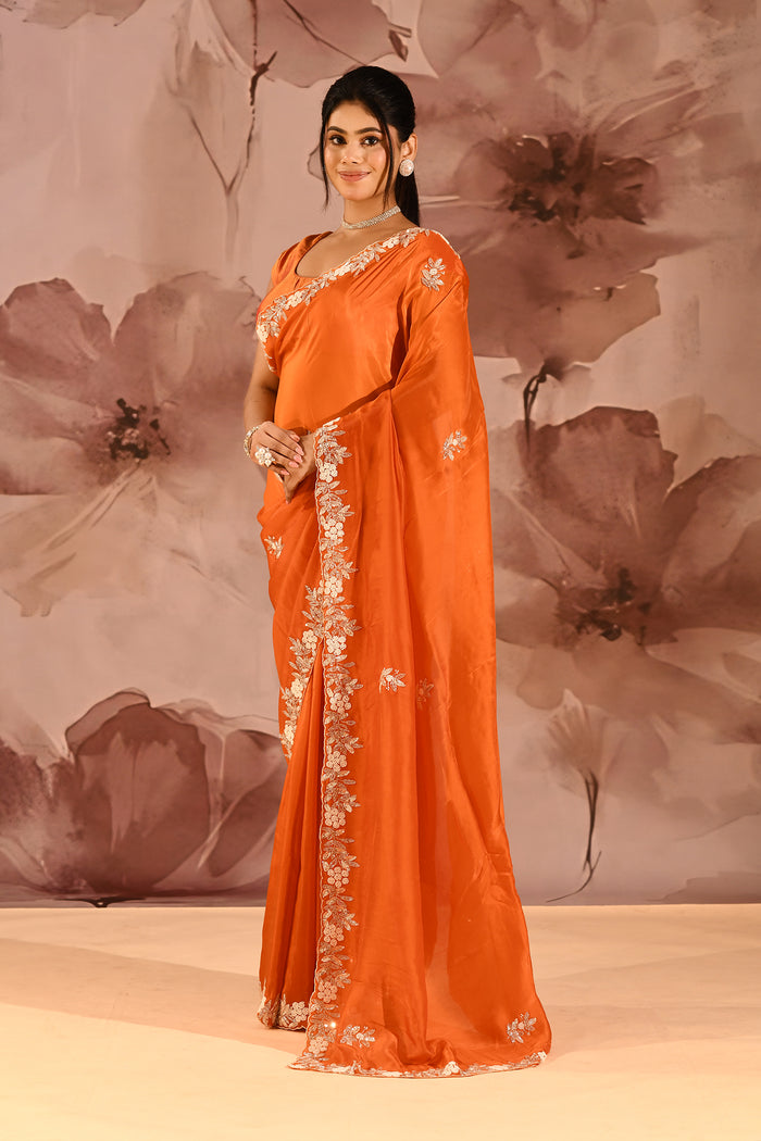Burnt Orange With Sequin Floral Vine Border Organza Tissue Saree