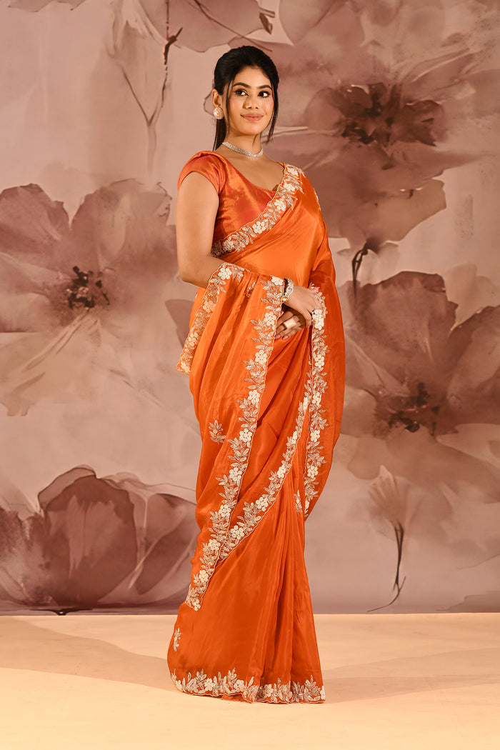 Burnt Orange With Sequin Floral Vine Border Organza Tissue Saree