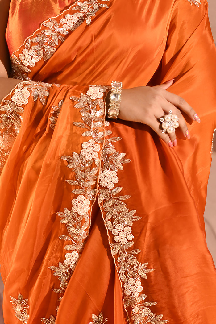 Burnt Orange With Sequin Floral Vine Border Organza Tissue Saree