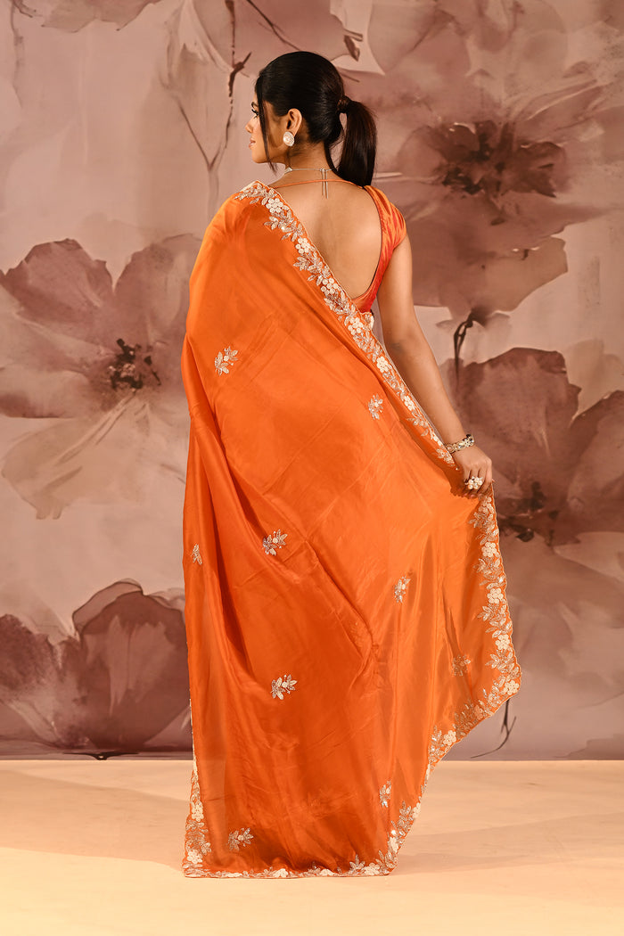 Burnt Orange With Sequin Floral Vine Border Organza Tissue Saree