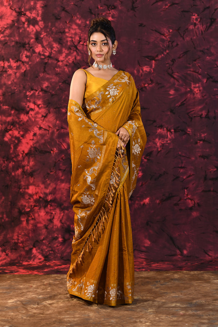 Burnt Yellow Tussar Embroidered Saree