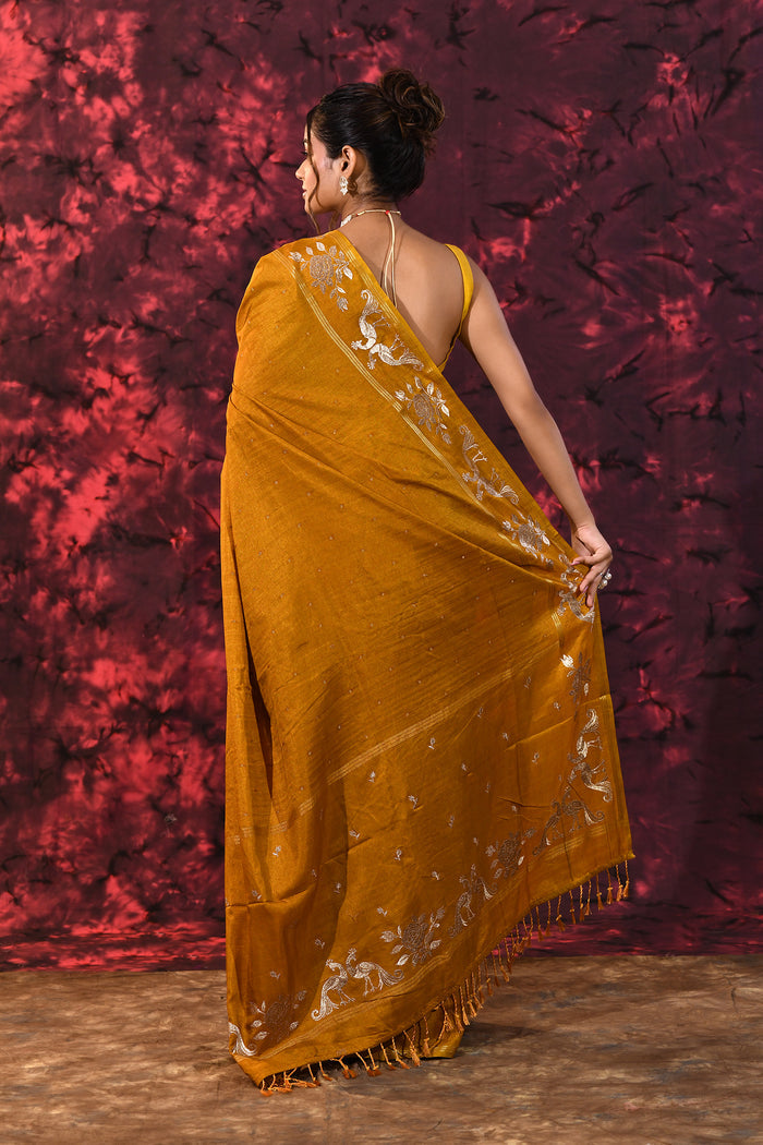 Burnt Yellow Tussar Embroidered Saree