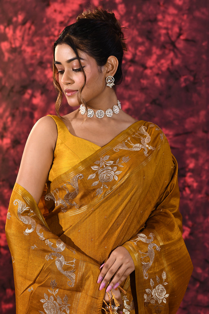 Burnt Yellow Tussar Embroidered Saree