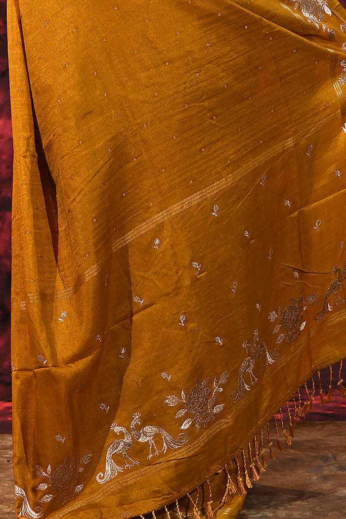 Burnt Yellow Tussar Embroidered Saree