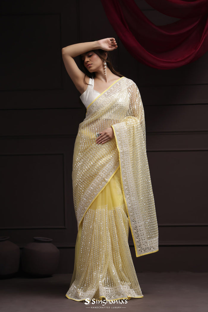 <img> Butter Yellow Net Designer Saree With Sequin Embroidery