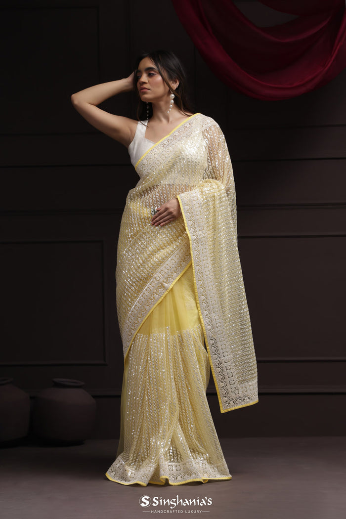 <img> Butter Yellow Net Designer Saree With Sequin Embroidery