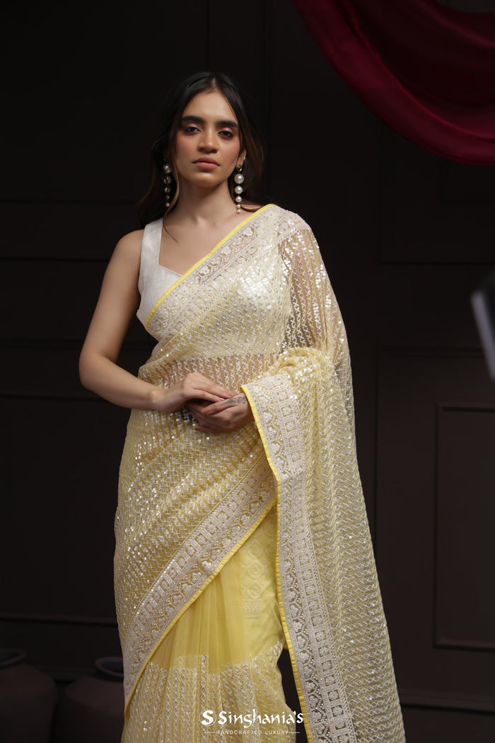 <img> Butter Yellow Net Designer Saree With Sequin Embroidery