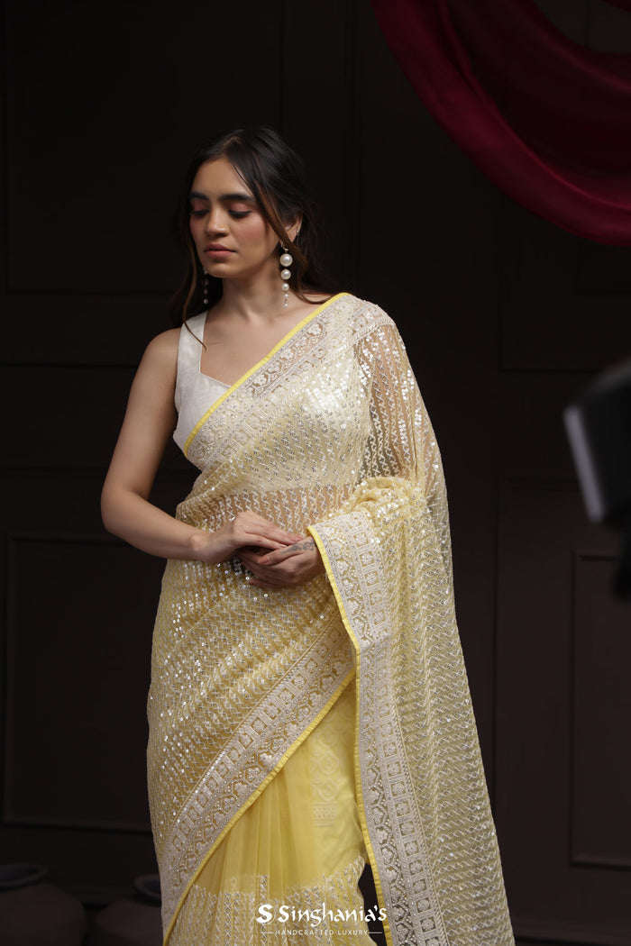 <img> Butter Yellow Net Designer Saree With Sequin Embroidery