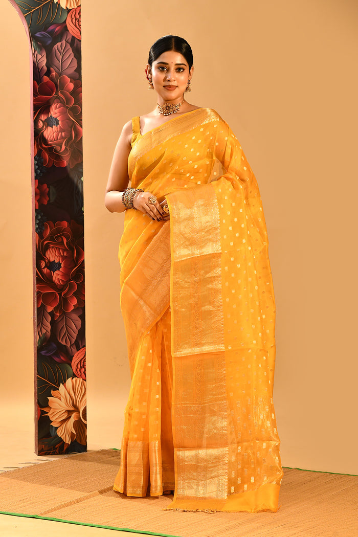 Butter Yellow Square Zari Butti Organza Saree