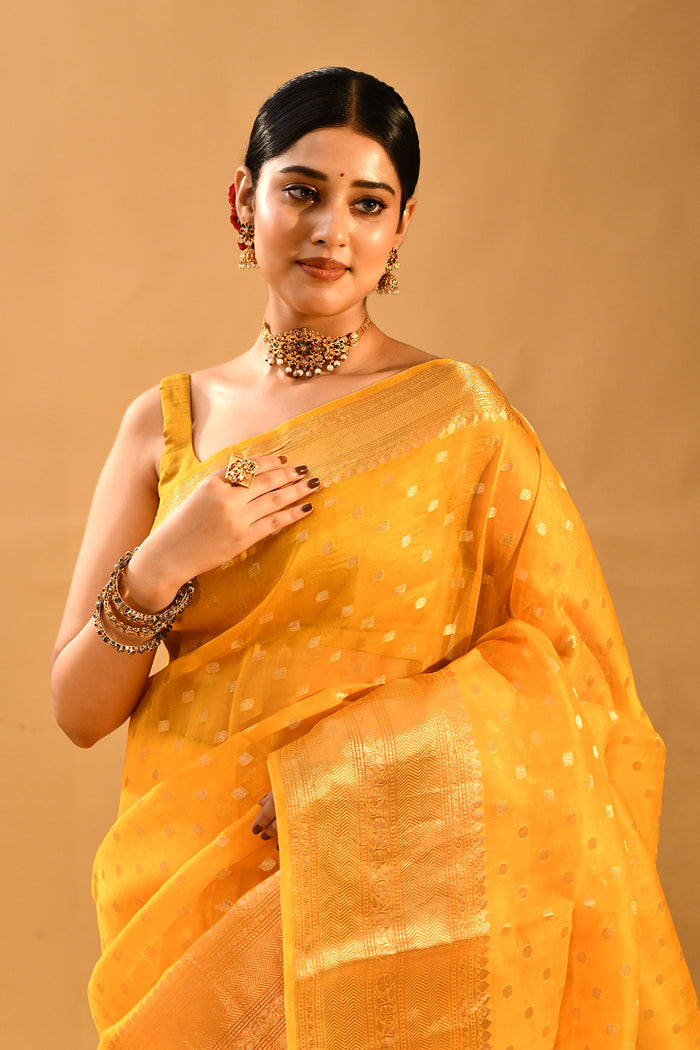 Butter Yellow Square Zari Butti Organza Saree