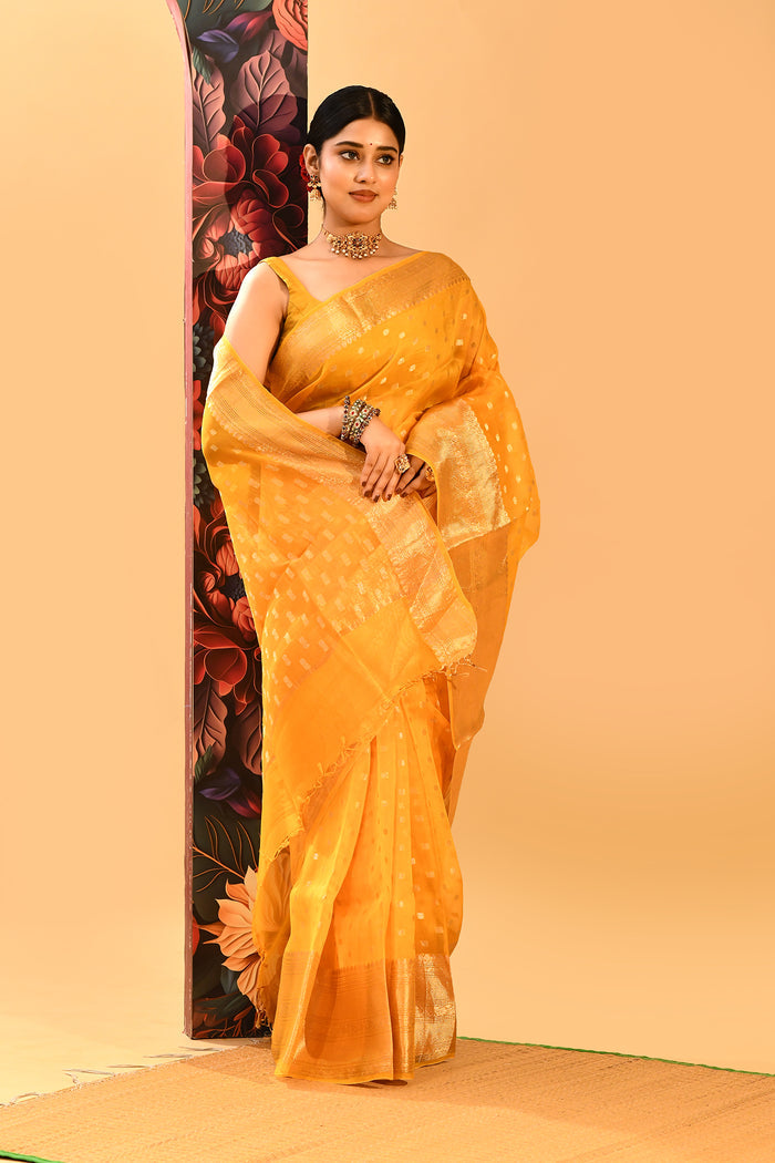 Butter Yellow Square Zari Butti Organza Saree