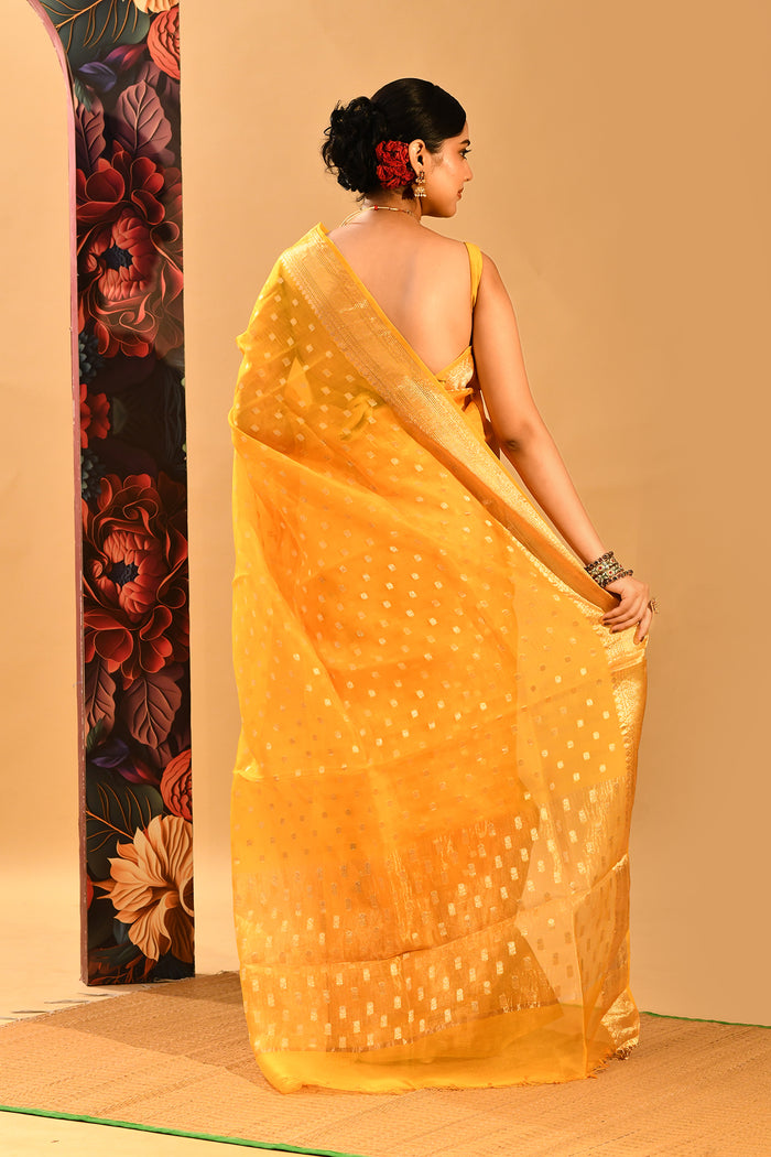 Butter Yellow Square Zari Butti Organza Saree