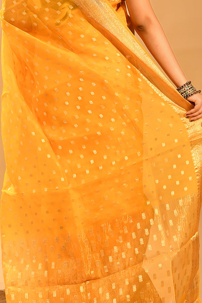 Butter Yellow Square Zari Butti Organza Saree