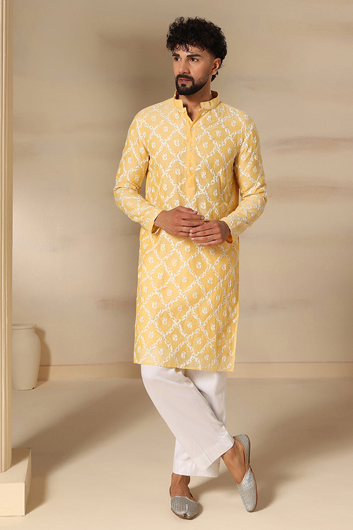Butter Yellow Trellis Print Kurta