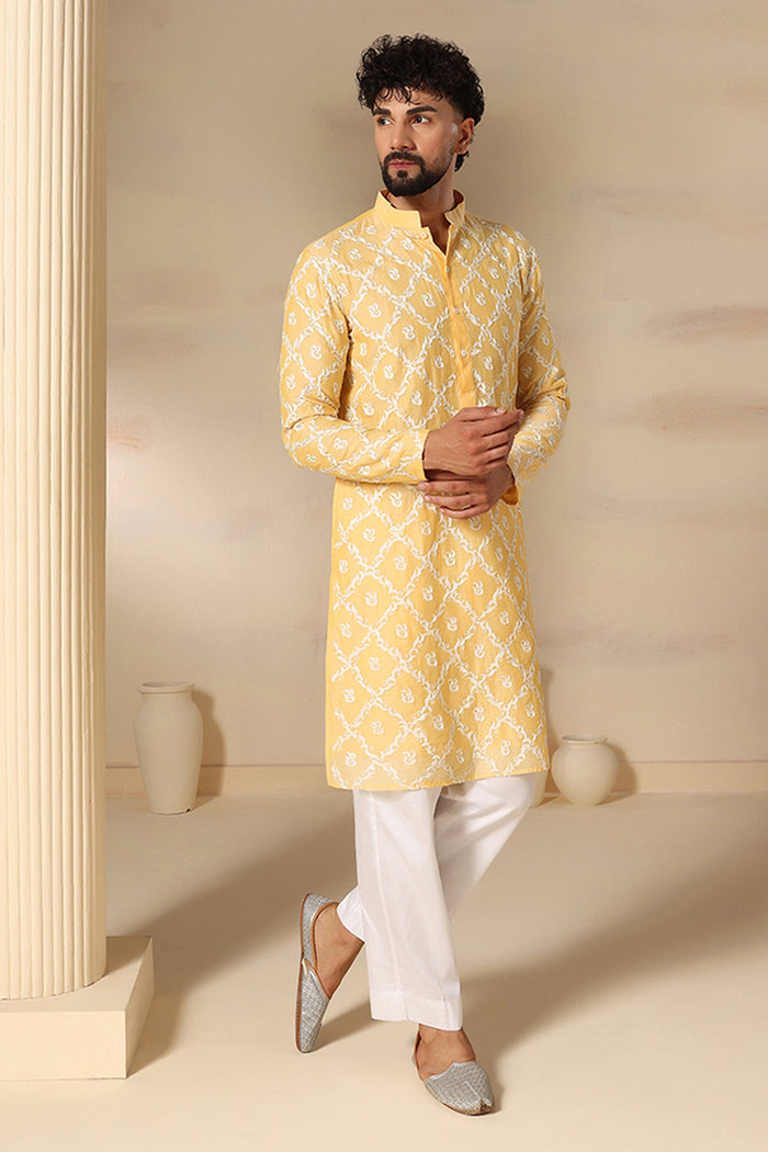 Butter Yellow Trellis Print Kurta