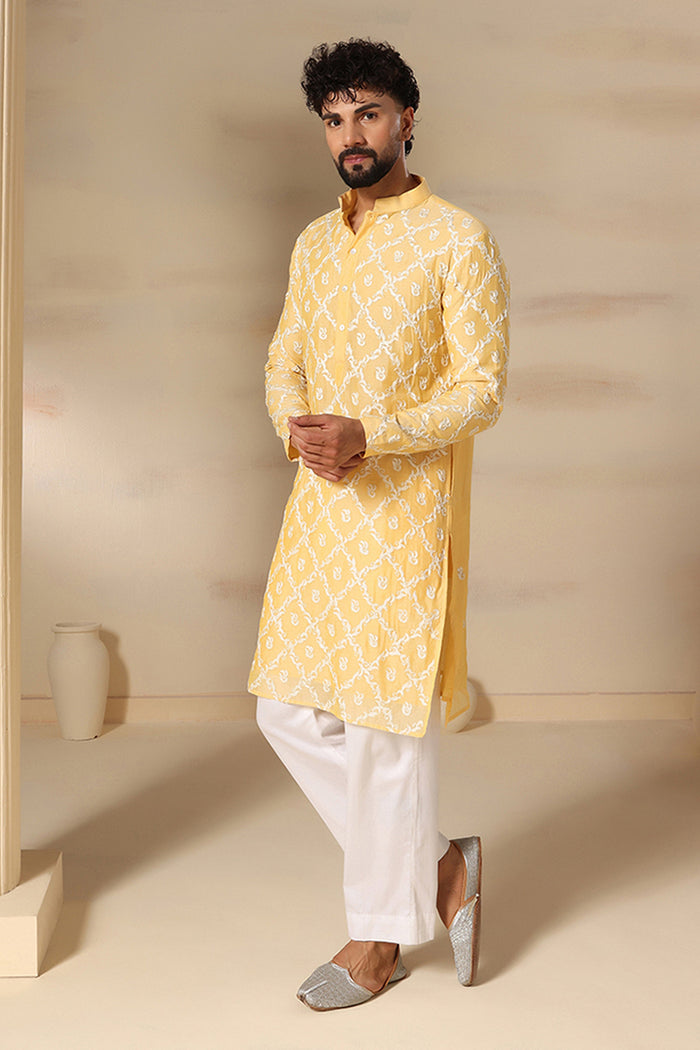 Butter Yellow Trellis Print Kurta