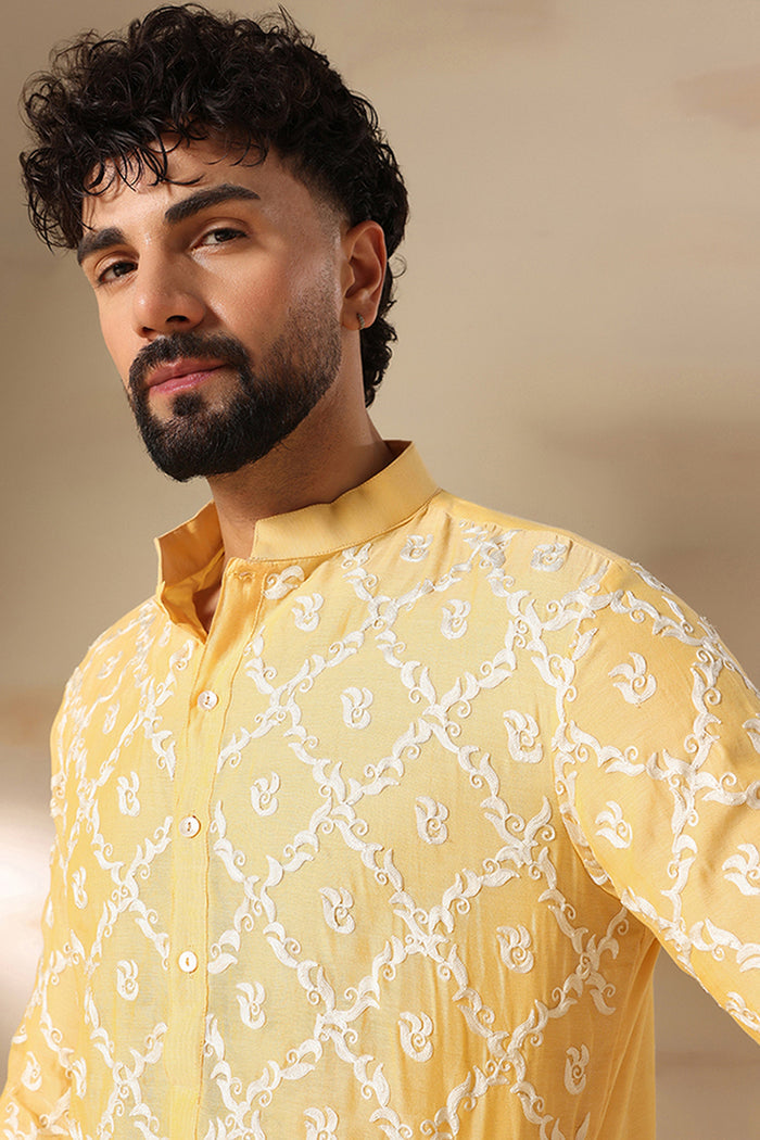 Butter Yellow Trellis Print Kurta