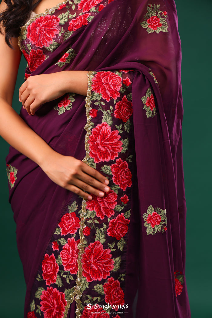 Byzantium Purple Georgette Saree With Floral Embroidery