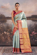 <img> Cadet Gray Kanjivaram Tissue Saree With Contrast Border