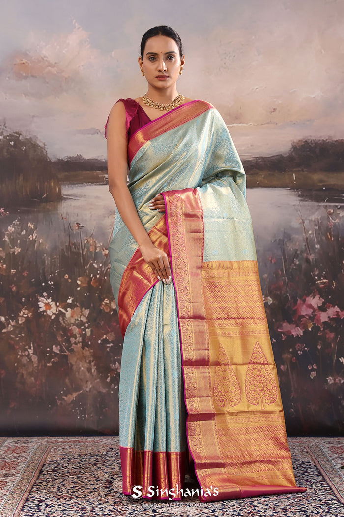 <img> Cadet Gray Kanjivaram Tissue Saree With Contrast Border