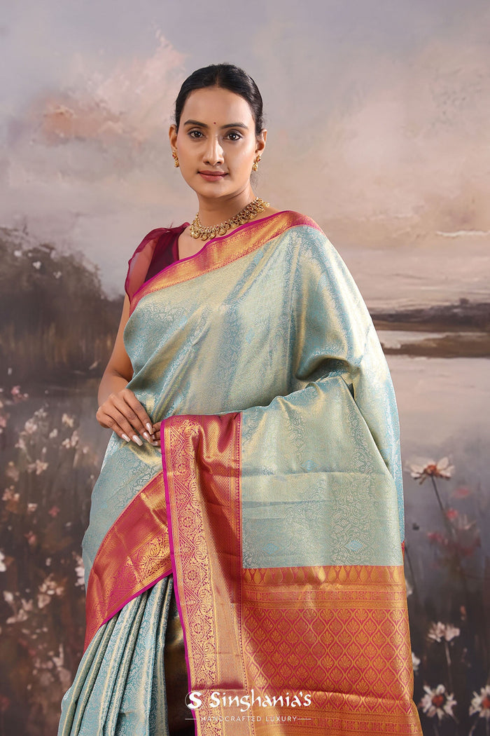 <img> Cadet Gray Kanjivaram Tissue Saree With Contrast Border