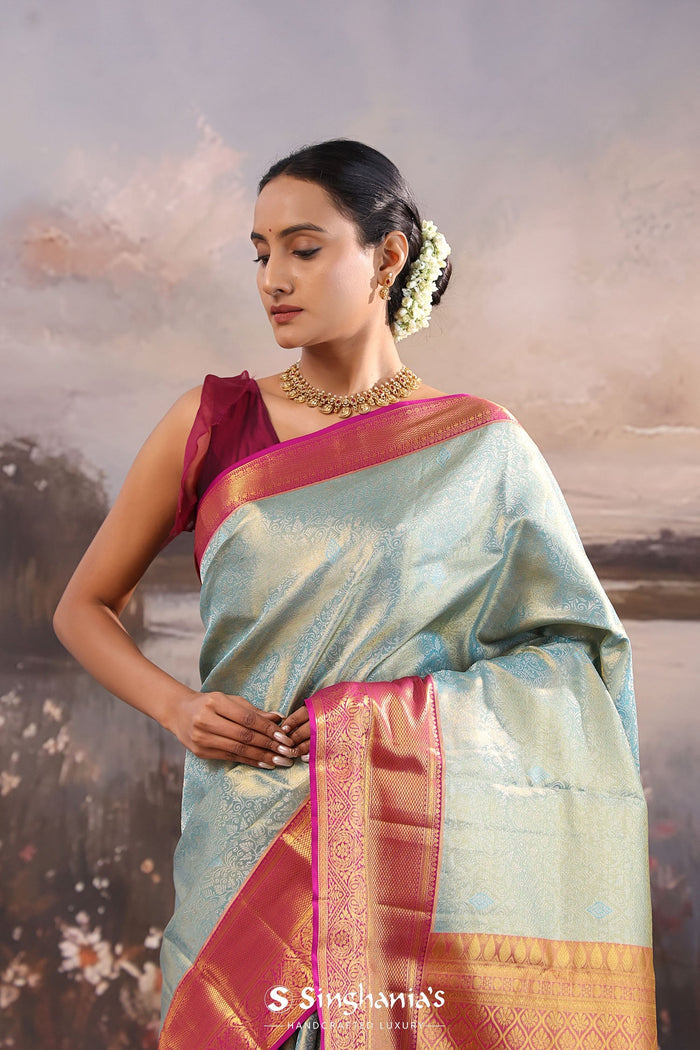 <img> Cadet Gray Kanjivaram Tissue Saree With Contrast Border