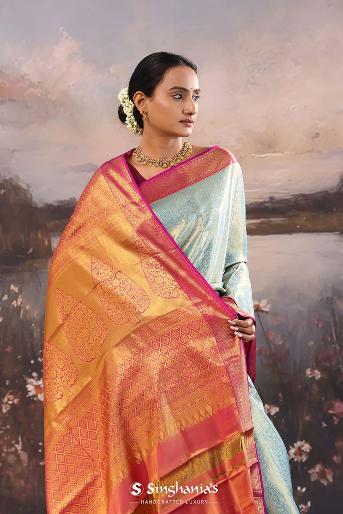 <img> Cadet Gray Kanjivaram Tissue Saree With Contrast Border