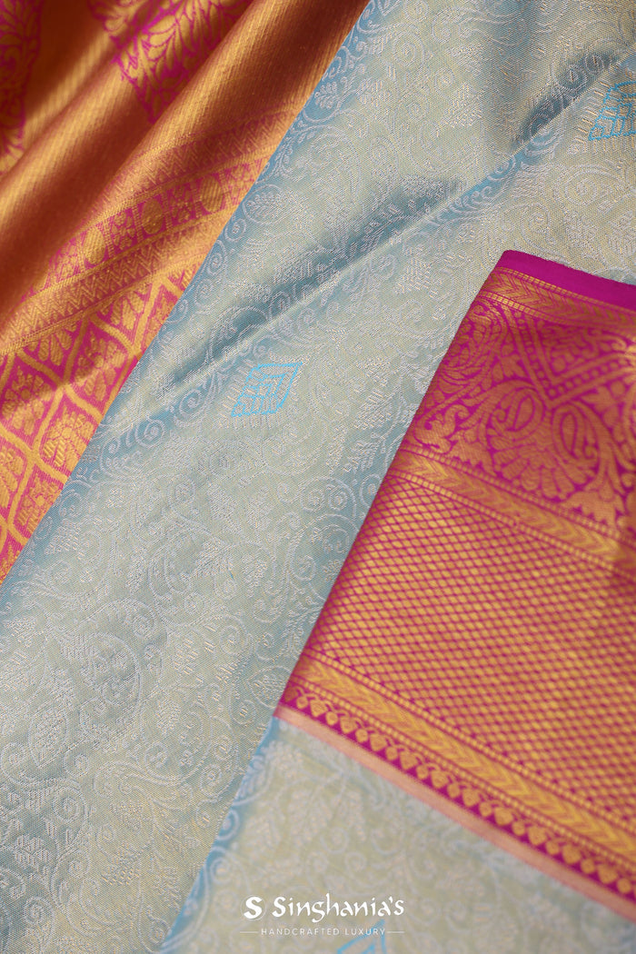 <img> Cadet Gray Kanjivaram Tissue Saree With Contrast Border