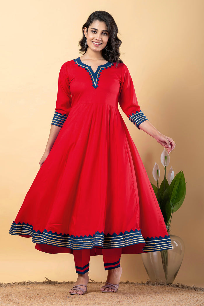Cadmium Red Rayon Gotta Work Anarkali Set