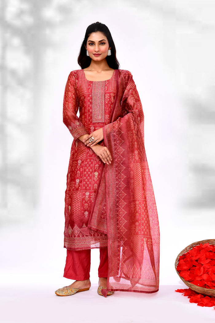 Candy Red Chiffon Floral Printed Kurta Set