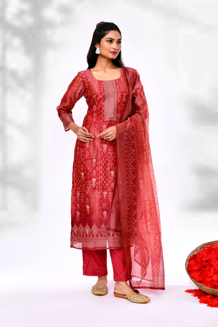 Candy Red Chiffon Floral Printed Kurta Set
