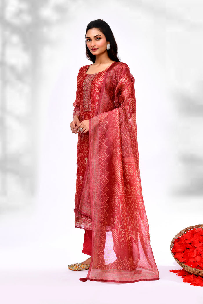 Candy Red Chiffon Floral Printed Kurta Set