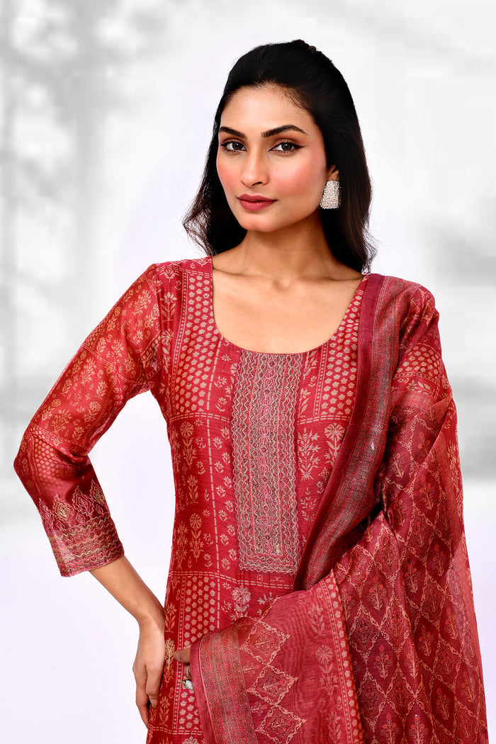 Candy Red Chiffon Floral Printed Kurta Set